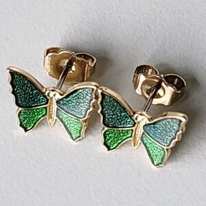 Vintage Avon Butterfly Stud Earrings‎ Green Enamel Gold Tone Pierced 80s Jade